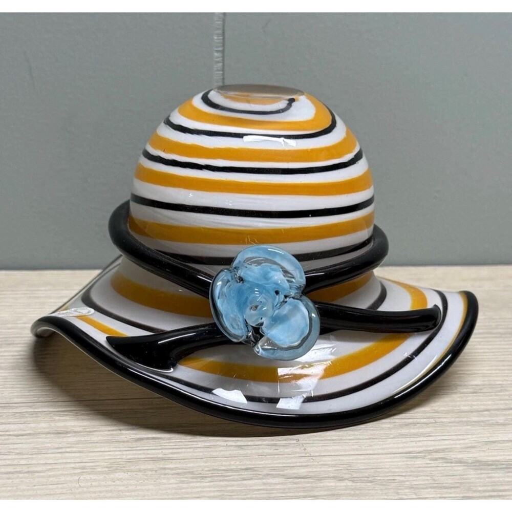 Murano Style Block Crystal Hat Hand Blown Glass Large Candy Dish Bowl